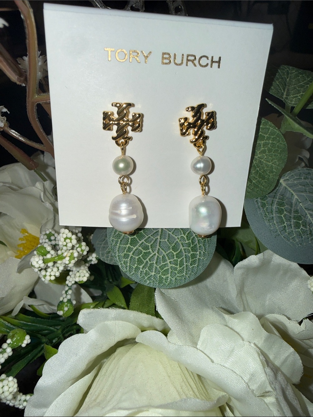 Tory Burch Gold Logo Pearl Drop Earrings with White Pearls